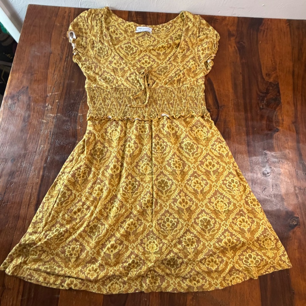 Urban Outfitters Mustard Yellow Damask Floral Smocked Mini Dress Large OB1233391